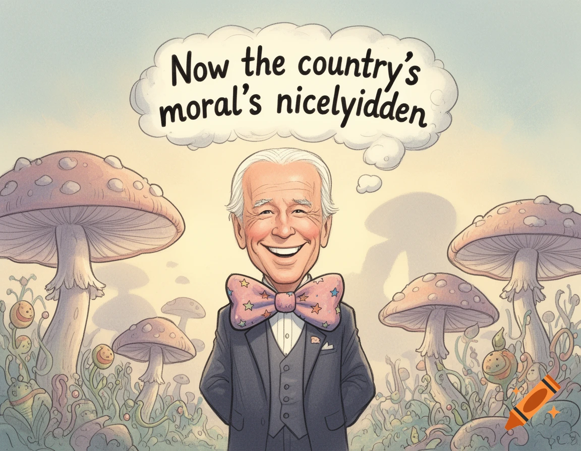 Whimsical illustration of a cartoon Joe Biden in a suit and bow tie among mushrooms, with a thought bubble stating 'Now the country's moral's nicelyidden'.