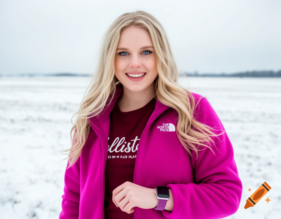A smiling blonde woman in a magenta fleece jacket and burgundy t-shirt, wearing a smartwatch, stands in a snow-covered field under an overcast sky.