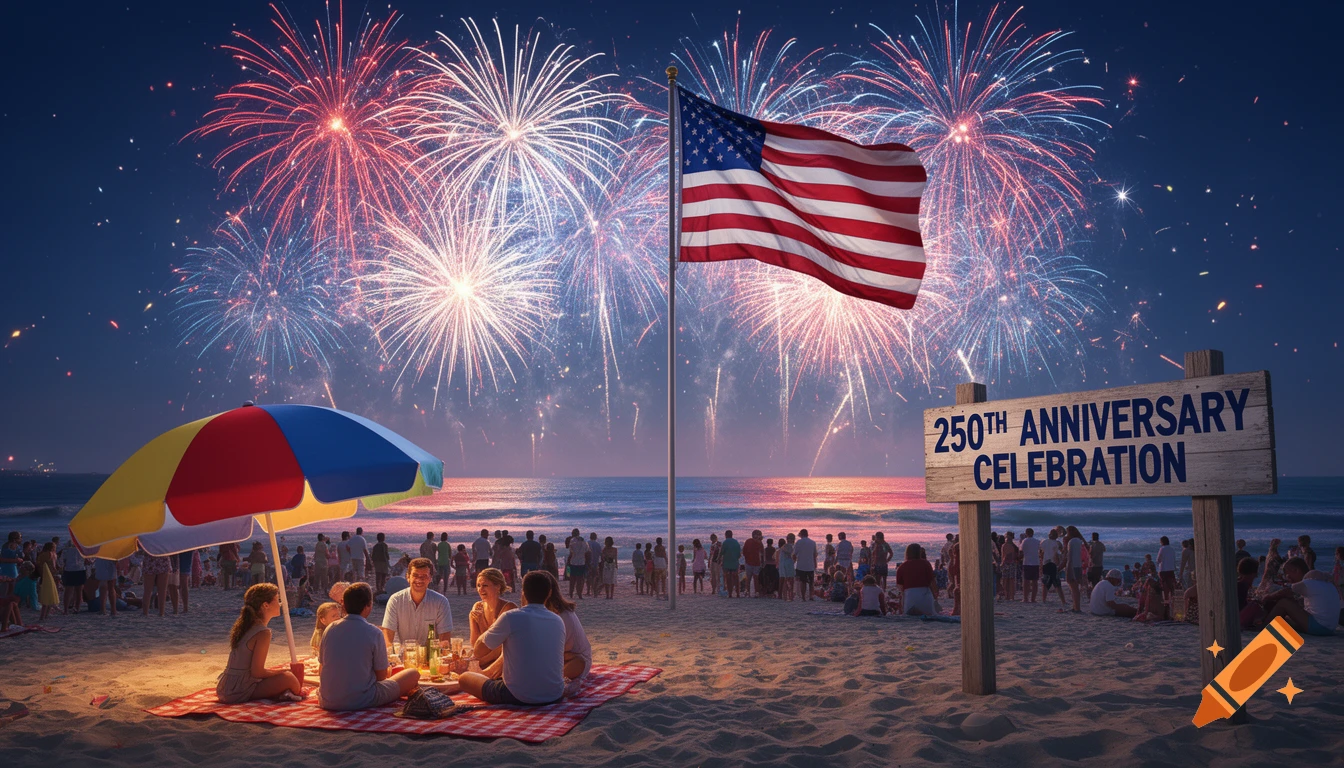 A group celebrates under a colorful umbrella on a sandy beach at night, with a large American flag flying and vibrant fireworks exploding overhead.