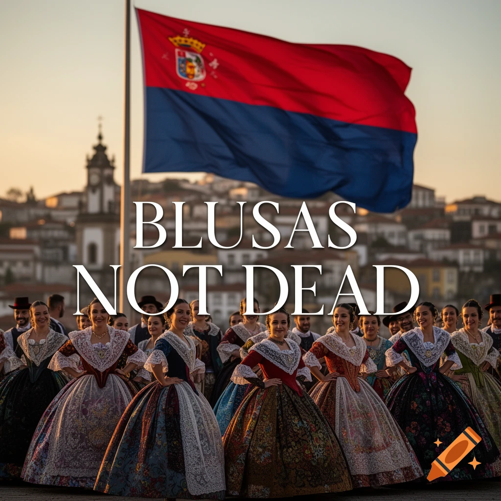 Photorealistic image of women in traditional Spanish dresses posing in front of a flag and cityscape at sunset, with the text 'BLUSAS NOT DEAD'.