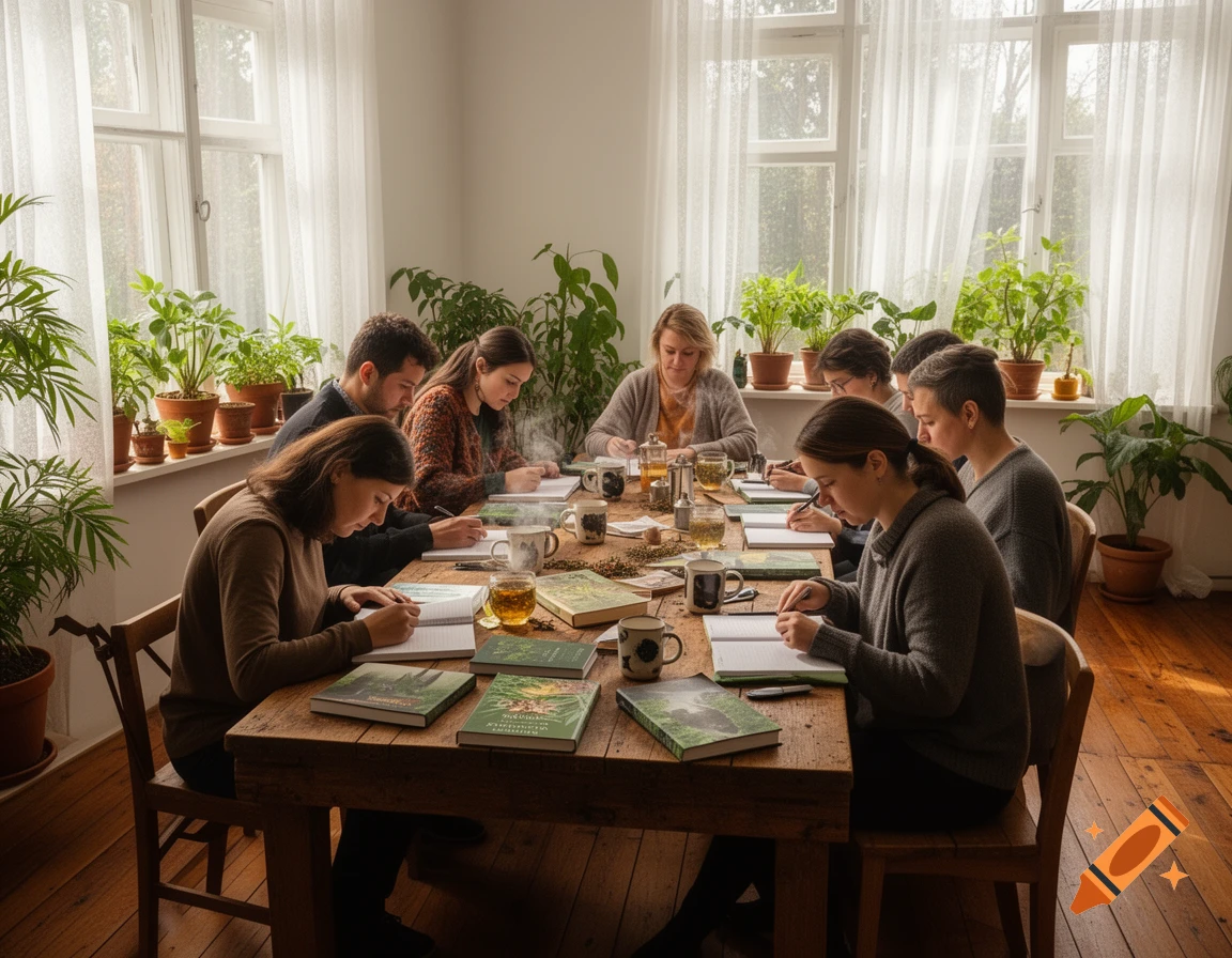 A group of people writing at a long wooden table, surrounded by potted plants and natural light from large windows.