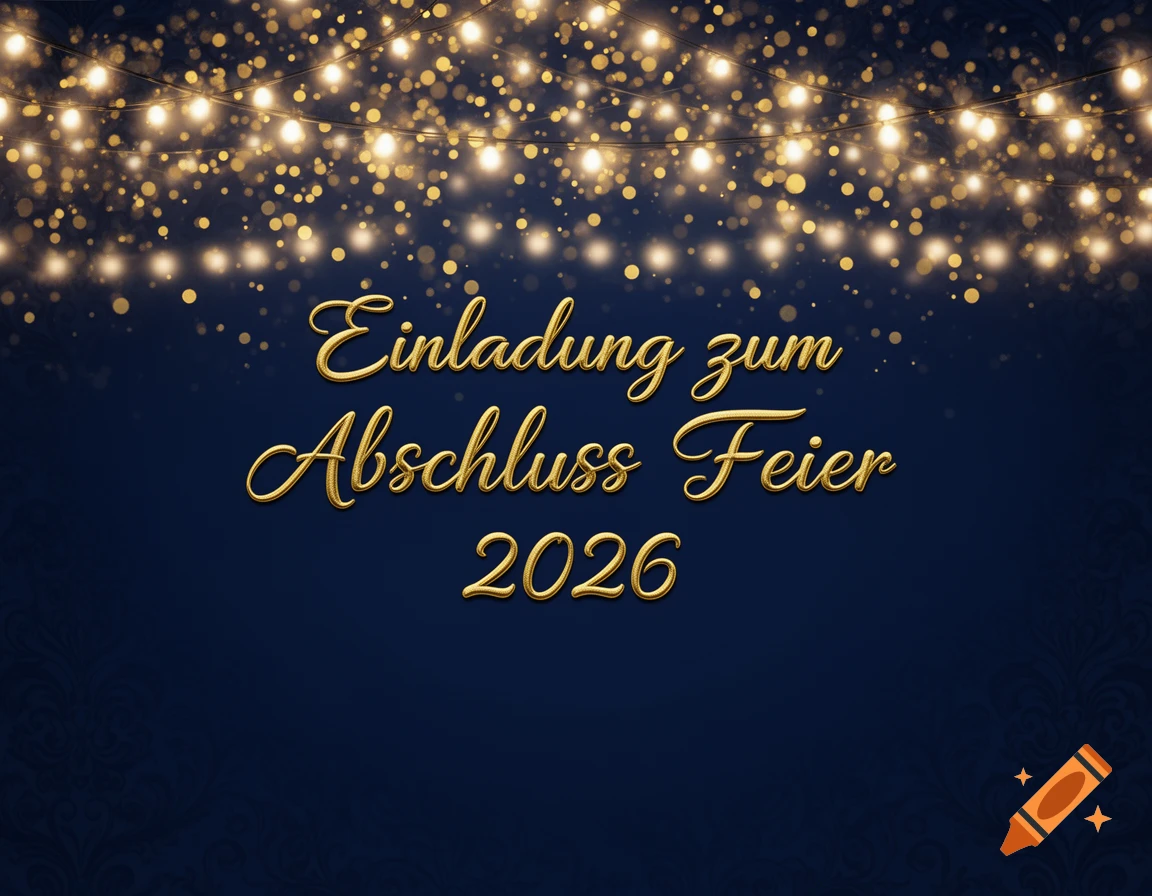 A dark blue background with golden sparkling lights and bokeh. Golden text reads 'Einladung zum Abschluss Feier 2026' in a decorative script.