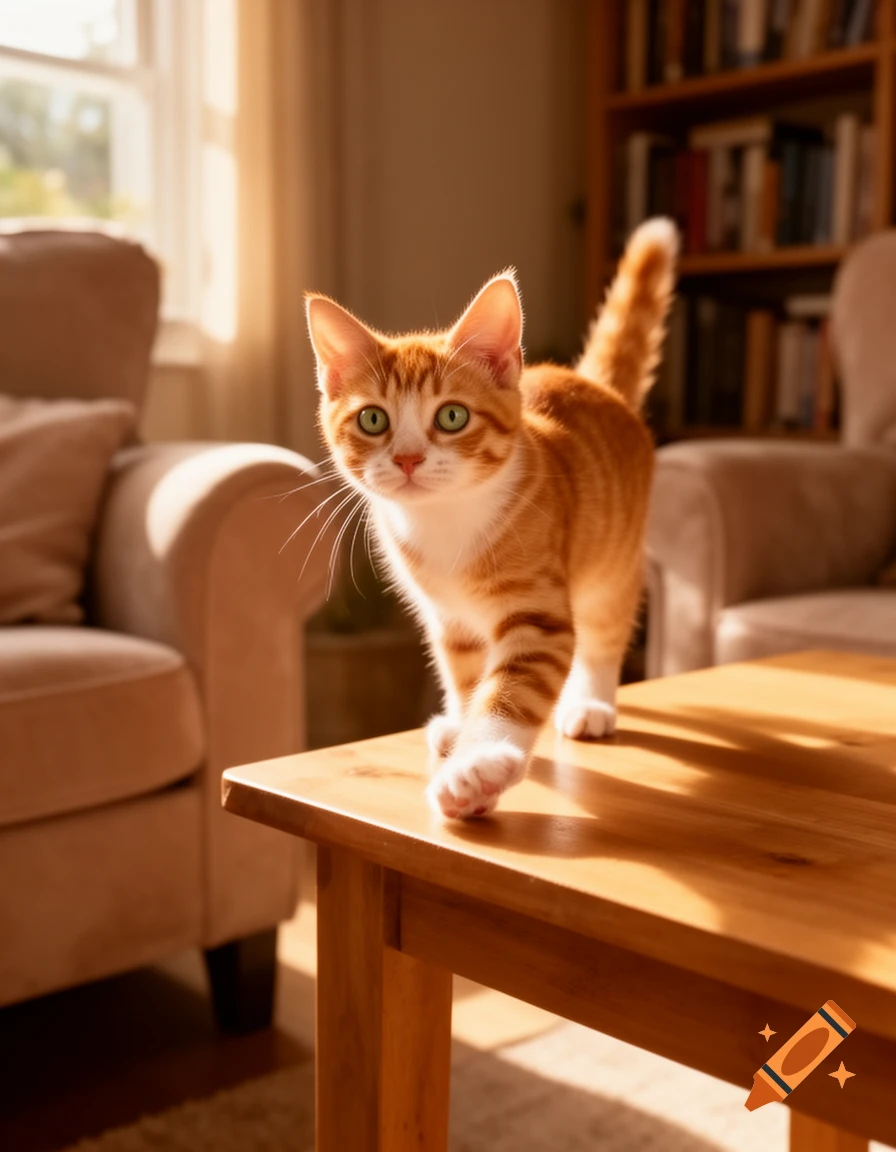 An orange and white tabby kitten with green eyes walks across a wooden table in a sunlit room, looking at the camera.