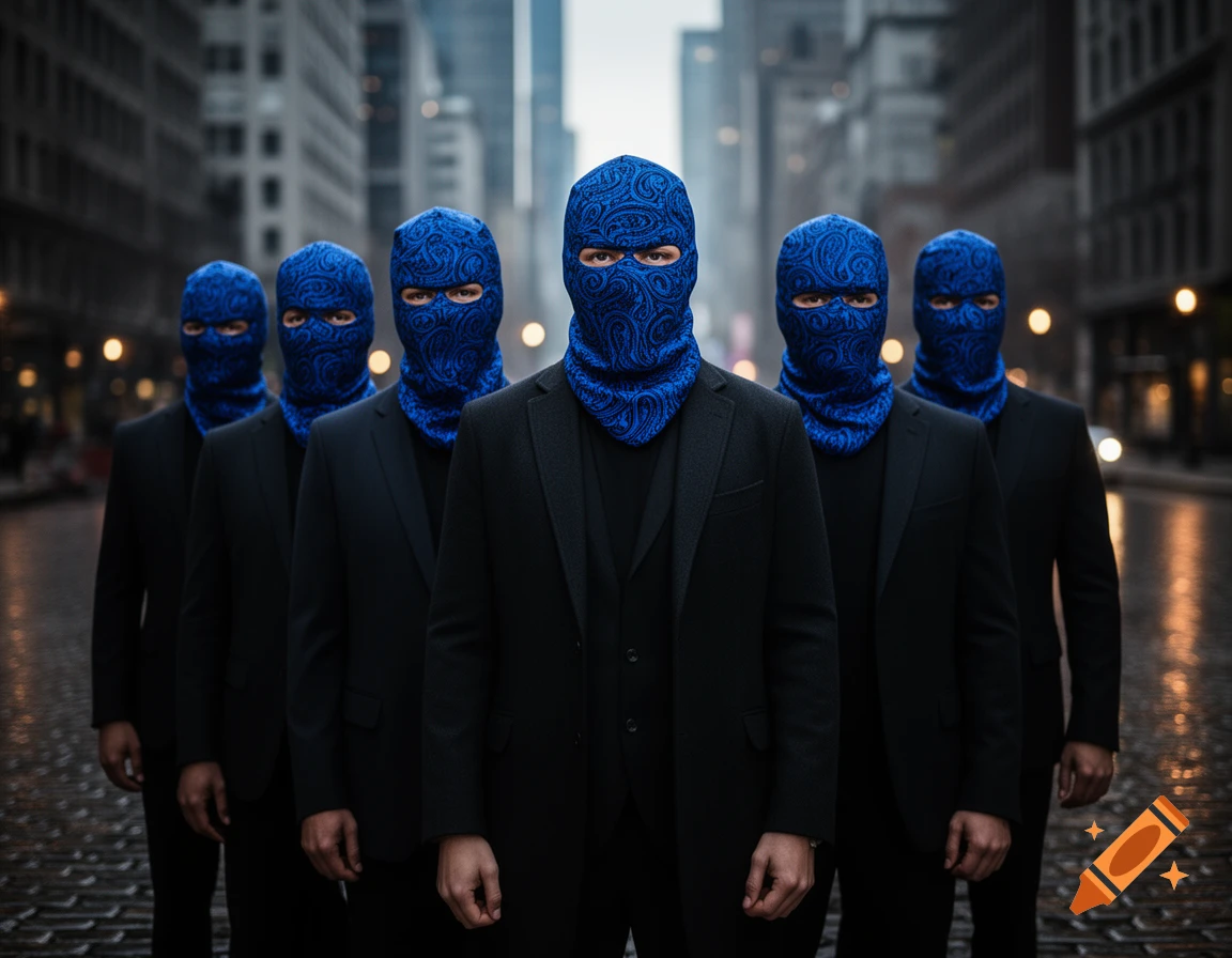 A group of men in royal blue paisley balaclavas and black suits stand on a city street, looking directly at the viewer.