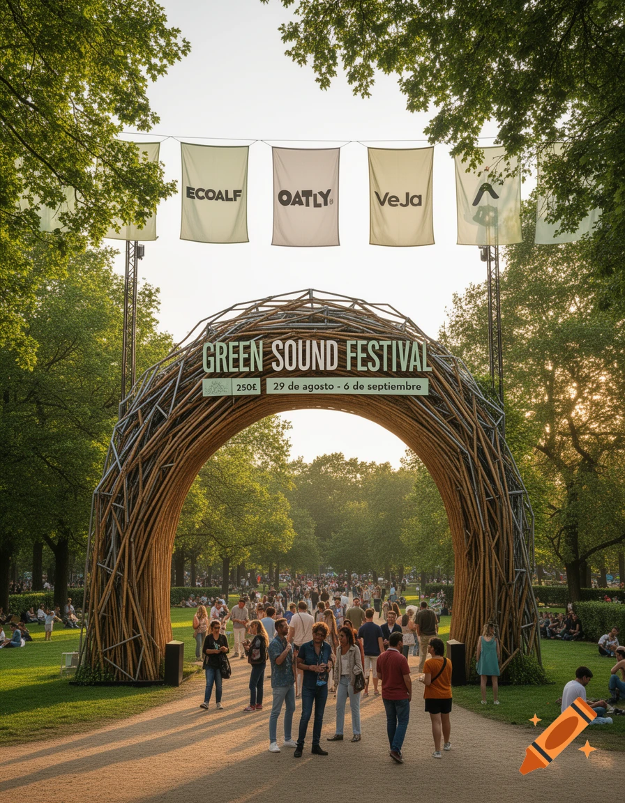 A large wooden archway entrance to the Green Sound Festival, with people gathered on a sunny day. Sponsor banners hang above.