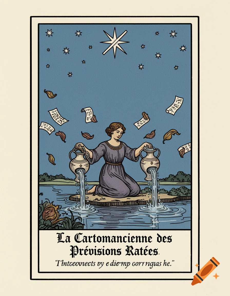 A vintage tarot card illustration featuring a kneeling woman pouring water from two urns into a lake, under a sky with stars and a single large barred star, with leaves and illegible papers floating around her. The card has a title in gothic font and a smaller line of garbled text below.