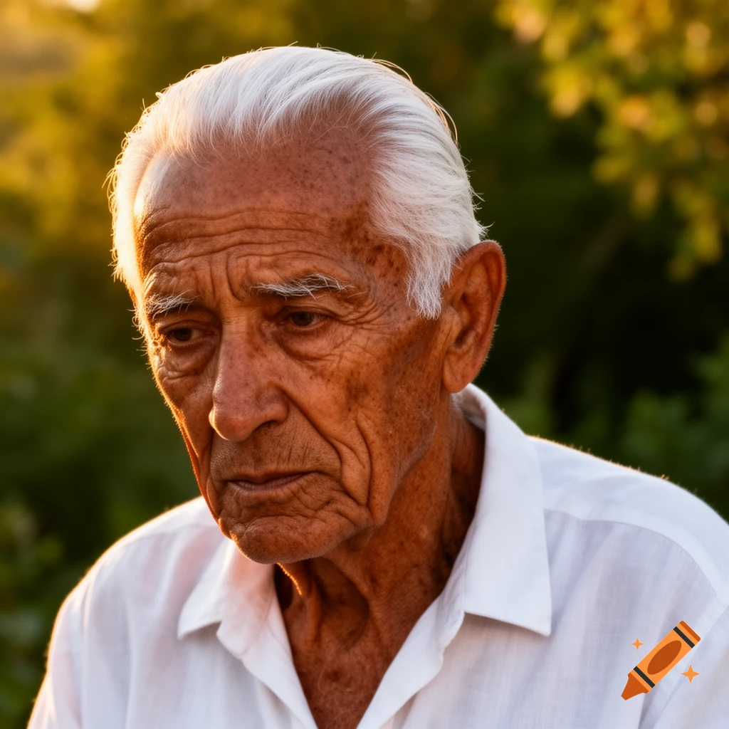 A photorealistic portrait of an elderly man with white hair, looking down with a contemplative expression, bathed in warm golden light outdoors.