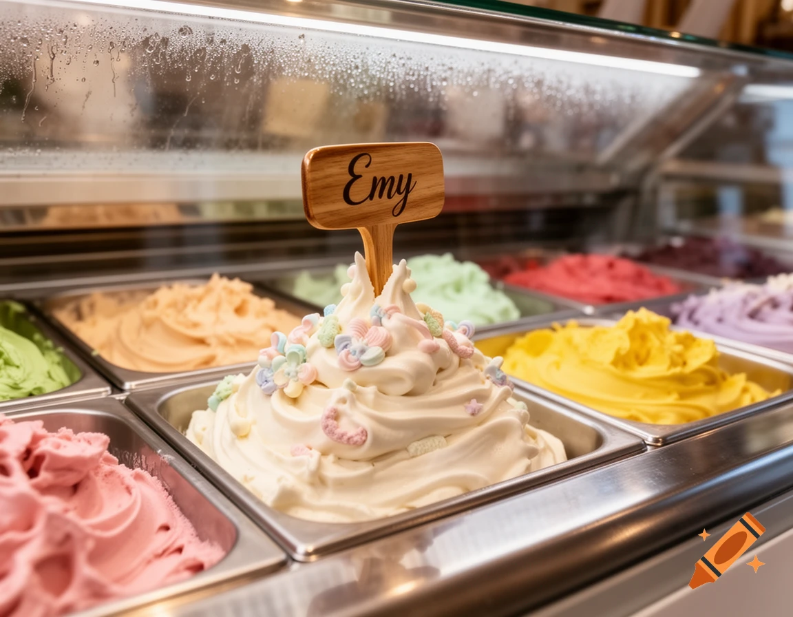 Photorealistic tubs of colorful ice cream in a gelato shop display case, with a central white ice cream tub labeled 'Emy' and topped with small pastel decorations.