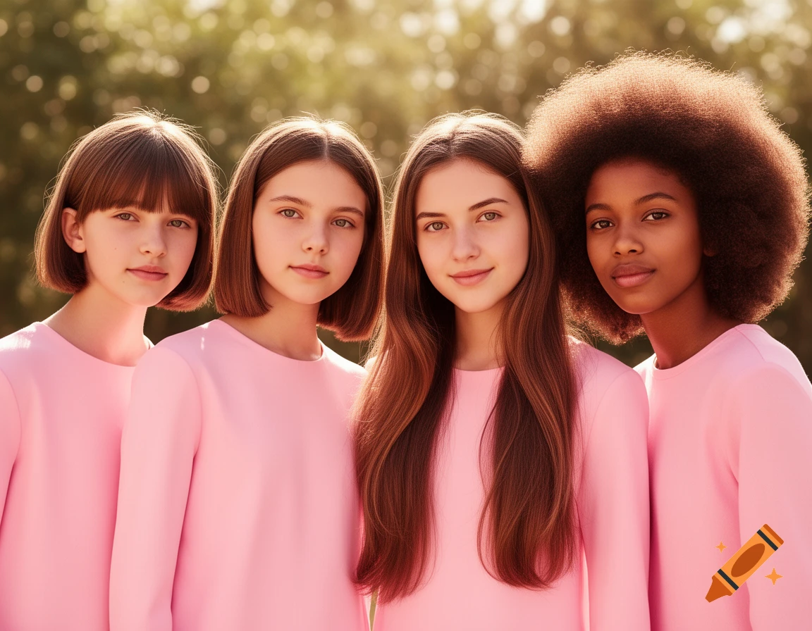 Four diverse young girls, with varying hairstyles and skin tones, wear pink tops and stand together outdoors, smiling.