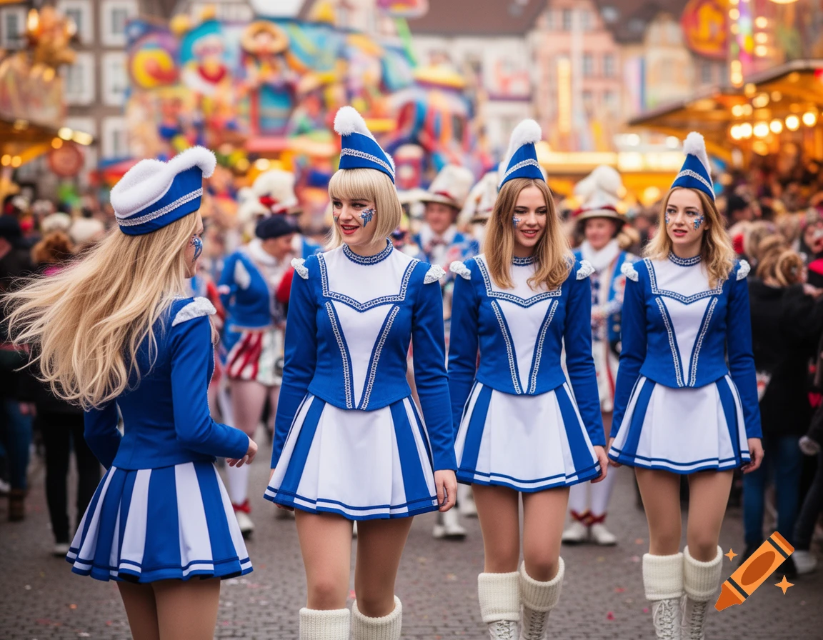 Four young women in blue and white carnival costumes, with face glitter, walk in a lively parade. They wear hats, short skirts, stockings, and boots. Colorful floats and crowds are in the background.