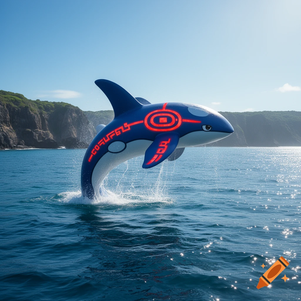 Kyogre, a blue and white Pokémon with glowing red markings, breaches from a sparkling ocean under a clear sky near green cliffs.