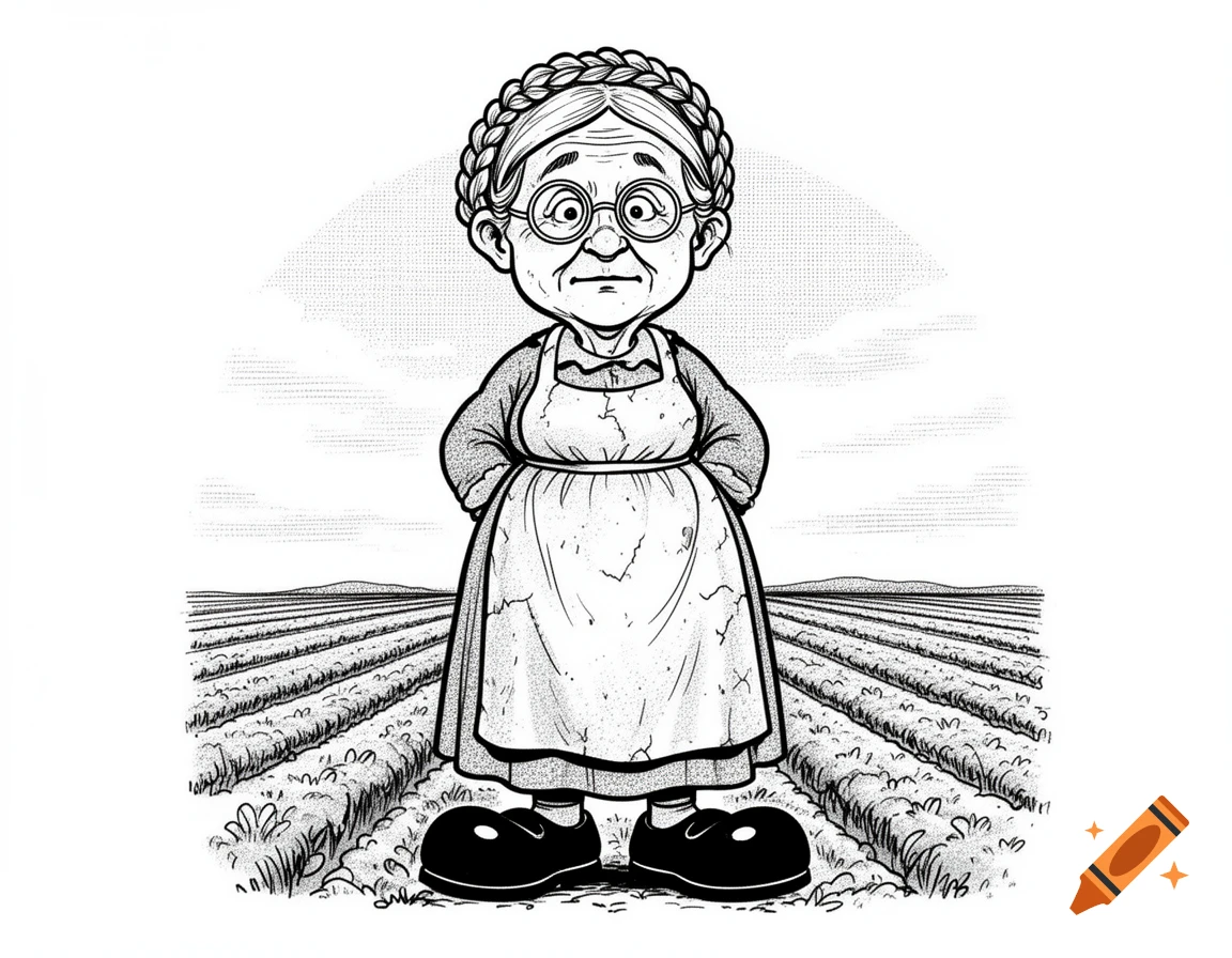 Black and white cartoon of an old farmer woman with braided hair, glasses, apron, and large shoes, standing in a field.