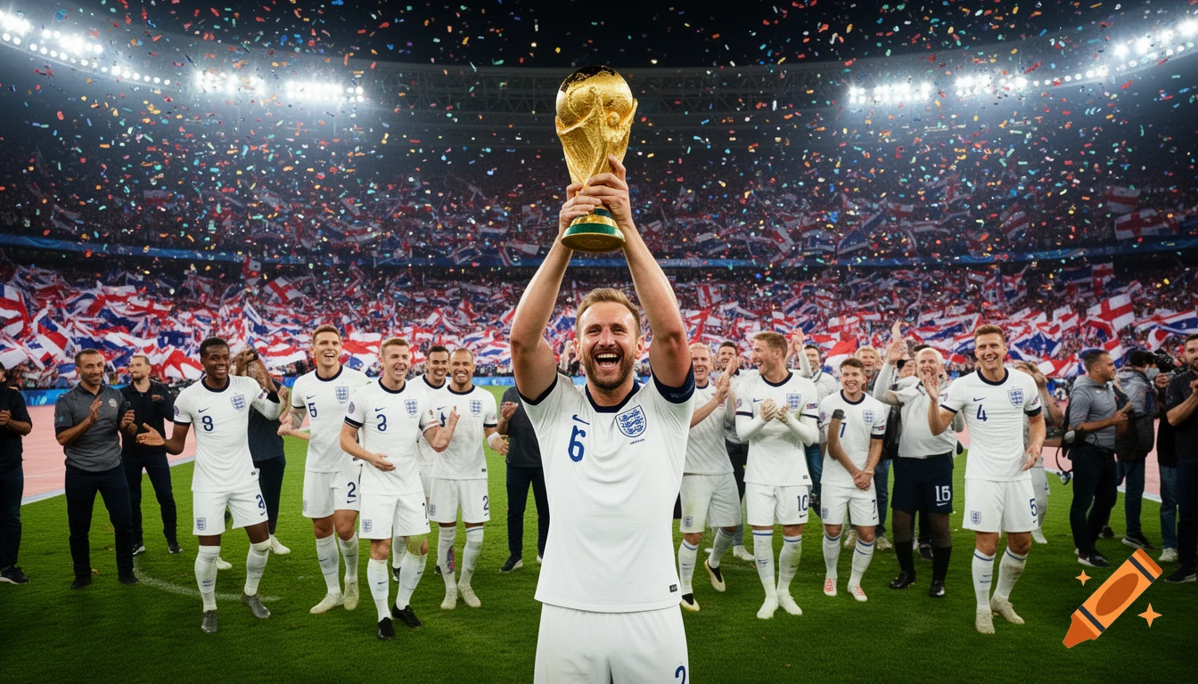 Harry Kane lifts the World Cup trophy surrounded by celebrating England teammates and confetti on a football pitch.