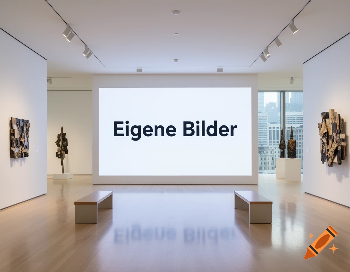 Modern art gallery interior with abstract sculptures, benches, a screen displaying "Eigene Bilder," and a city skyline through windows.