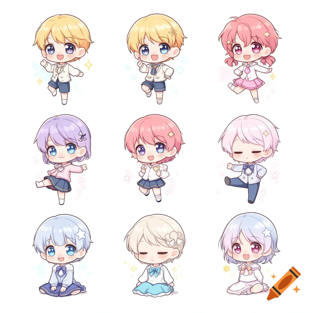 Nine cute chibi anime characters with varying hair colors and poses, against a white background.