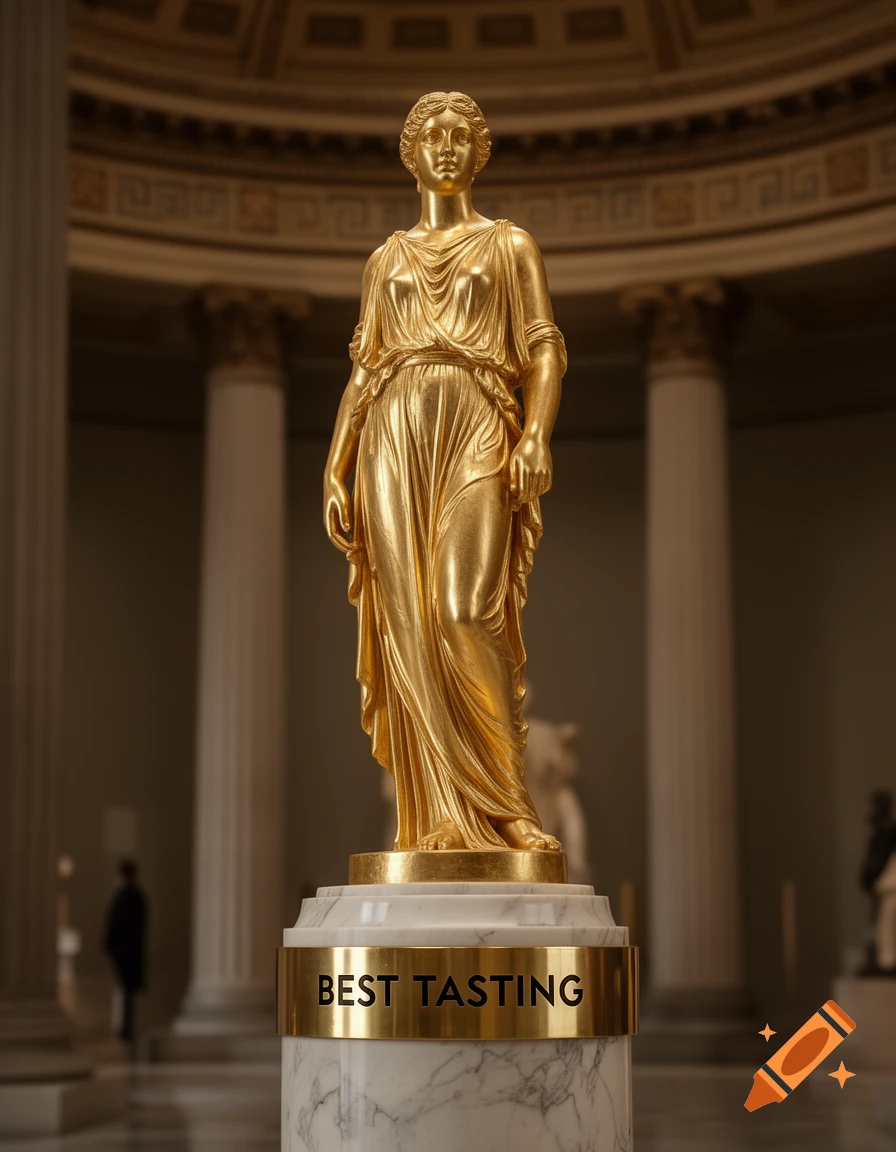 A photorealistic golden Greek-style statue of a woman on a marble base with 'BEST TASTING' written on it, inside a grand hall.