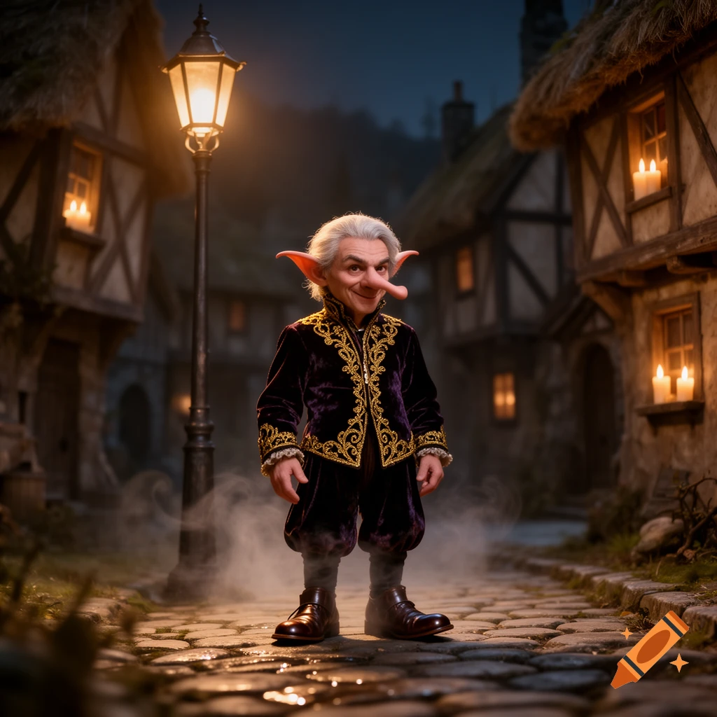 A grey-haired man with large ears and a long nose in a purple velvet suit stands on a cobblestone street in a quaint village at night.