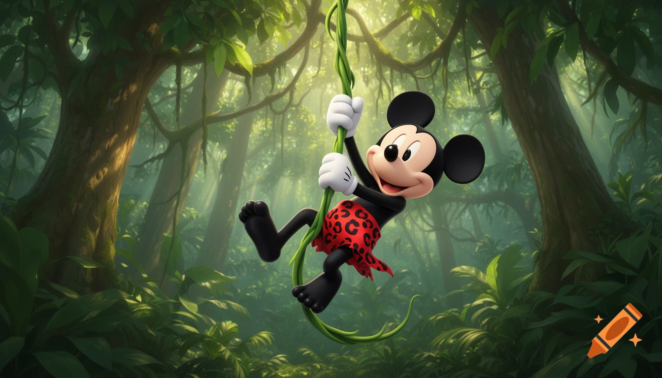 Mickey Mouse, dressed in a red leopard print loincloth, swings joyfully on a green vine through a vibrant, sun-dappled jungle.