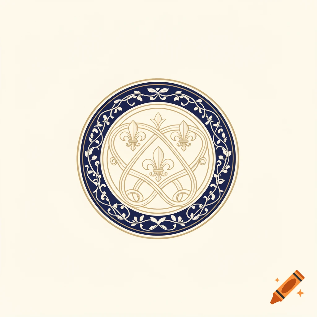 A circular emblem in dark blue and gold with three fleur-de-lis symbols and intertwining floral patterns.