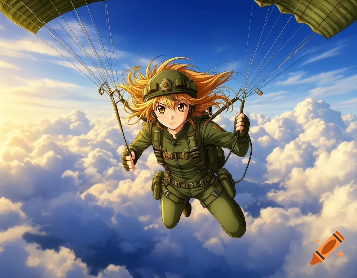 An anime girl paratrooper in a green military uniform and helmet skydiving above white clouds under a blue sky.