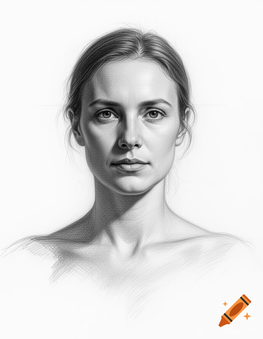 Realistic graphite pencil drawing of a woman's bust, head-on, in an academic style.