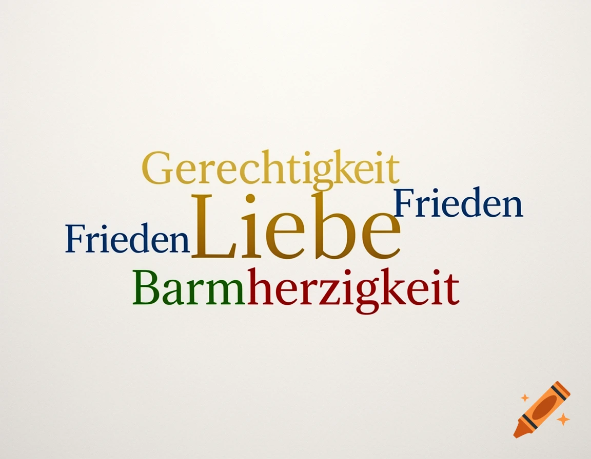 A word cloud on a light background featuring the German words 'Liebe', 'Gerechtigkeit', 'Frieden', and 'Barmherzigkeit' in various colors and sizes.