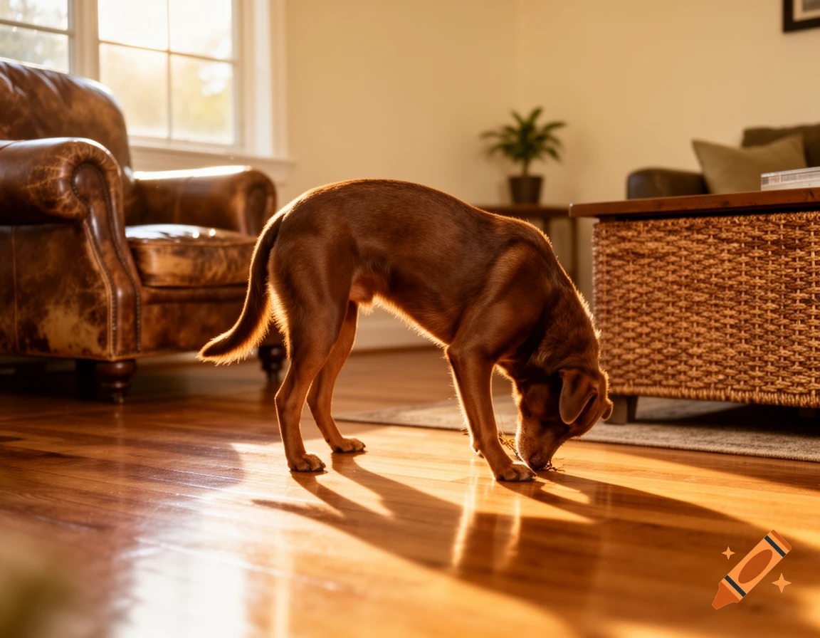 Brown dog sniffing a sunlit wooden floor in a living room with an armchair.