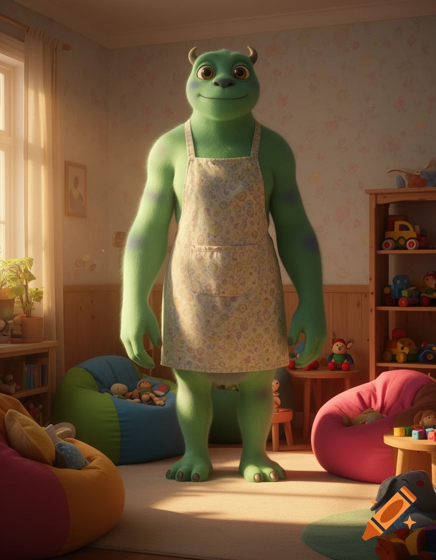 A friendly, furry green monster wearing a floral apron stands in a sunlit child's room with colorful beanbag chairs and toys.