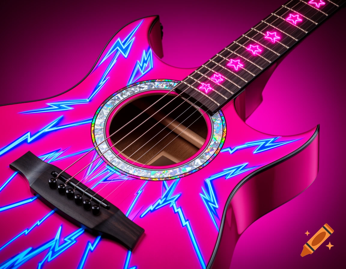 A vibrant hot pink acoustic guitar with neon blue lightning bolts and glowing pink star fret markers, featuring a holographic soundhole.