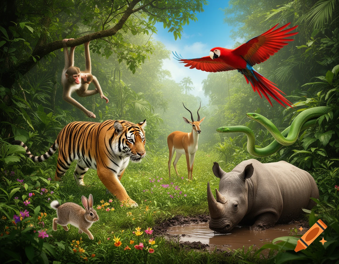 A photorealistic scene of diverse wild animals including a monkey, tiger, rabbit, rhino, antelope, macaw, and snakes in a lush jungle.