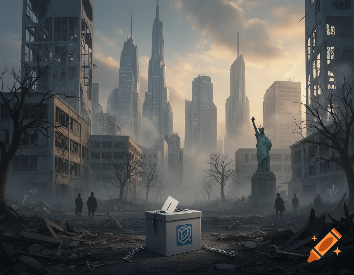 A dystopian cityscape with dilapidated buildings, bare trees, and a chained ballot box in the foreground. The Statue of Liberty stands in the misty distance.