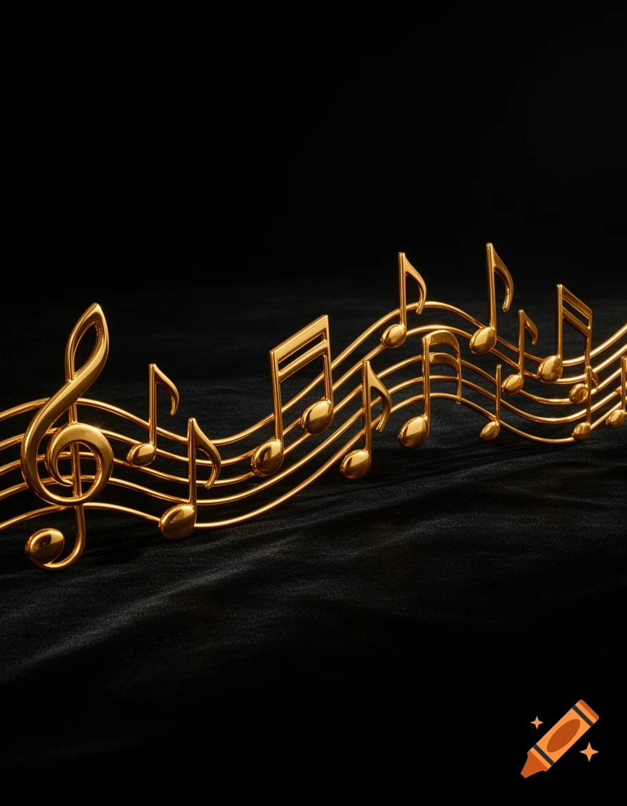 Shiny golden musical notes on a wavy staff against a deep black background.