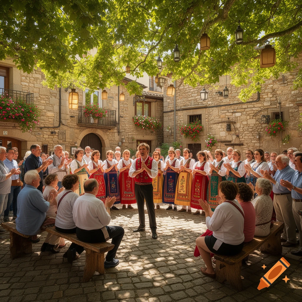 A group in traditional folk costumes sings in a lively stone town square beneath trees with lanterns, as an audience claps.