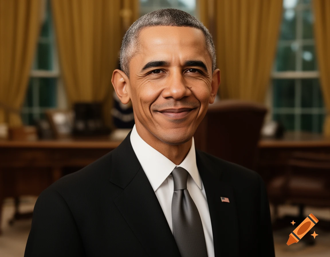 Photorealistic portrait of Barack Obama smiling in the Oval Office, wearing a suit and tie.