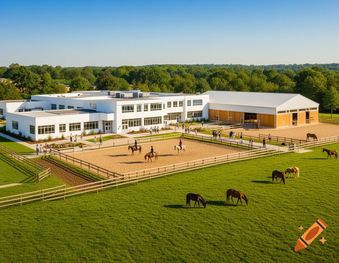 A modern white school building stands next to an equestrian facility with a riding arena, stable, and pastures where horses graze and people walk.