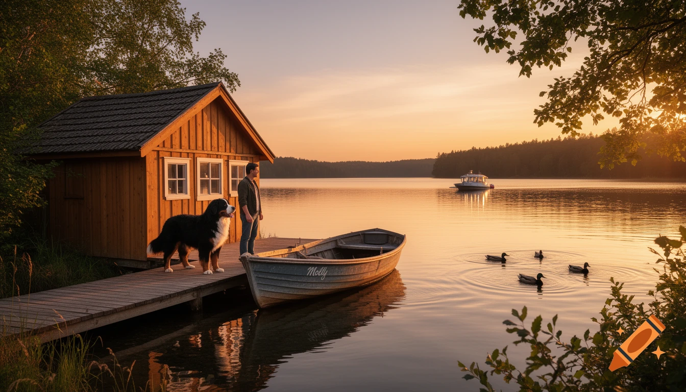A man and a Bernese Mountain Dog stand on a wooden dock next to a small boat named Molly, on a serene lake at sunset with ducks and a distant boat.
