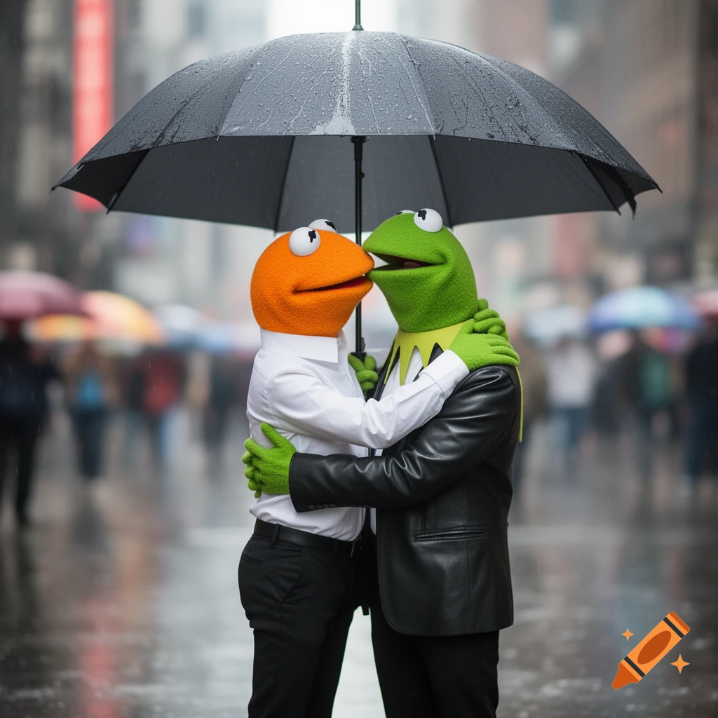 Photorealistic image of Kermit hugging and kissing an orange puppet under a black umbrella on a rainy city street.