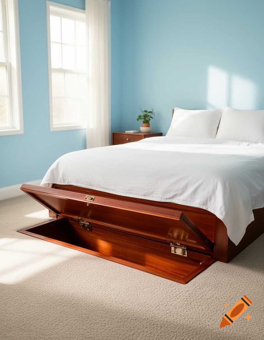 A photorealistic image of a wooden bed with an open trapdoor built into its base, revealing a hidden compartment on a light blue bedroom.