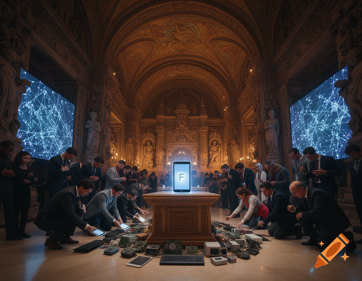 People in suits kneel and offer computer parts to a glowing tablet with 'CTRL F' on a pedestal in an ornate hall, with digital screens showing network graphs.