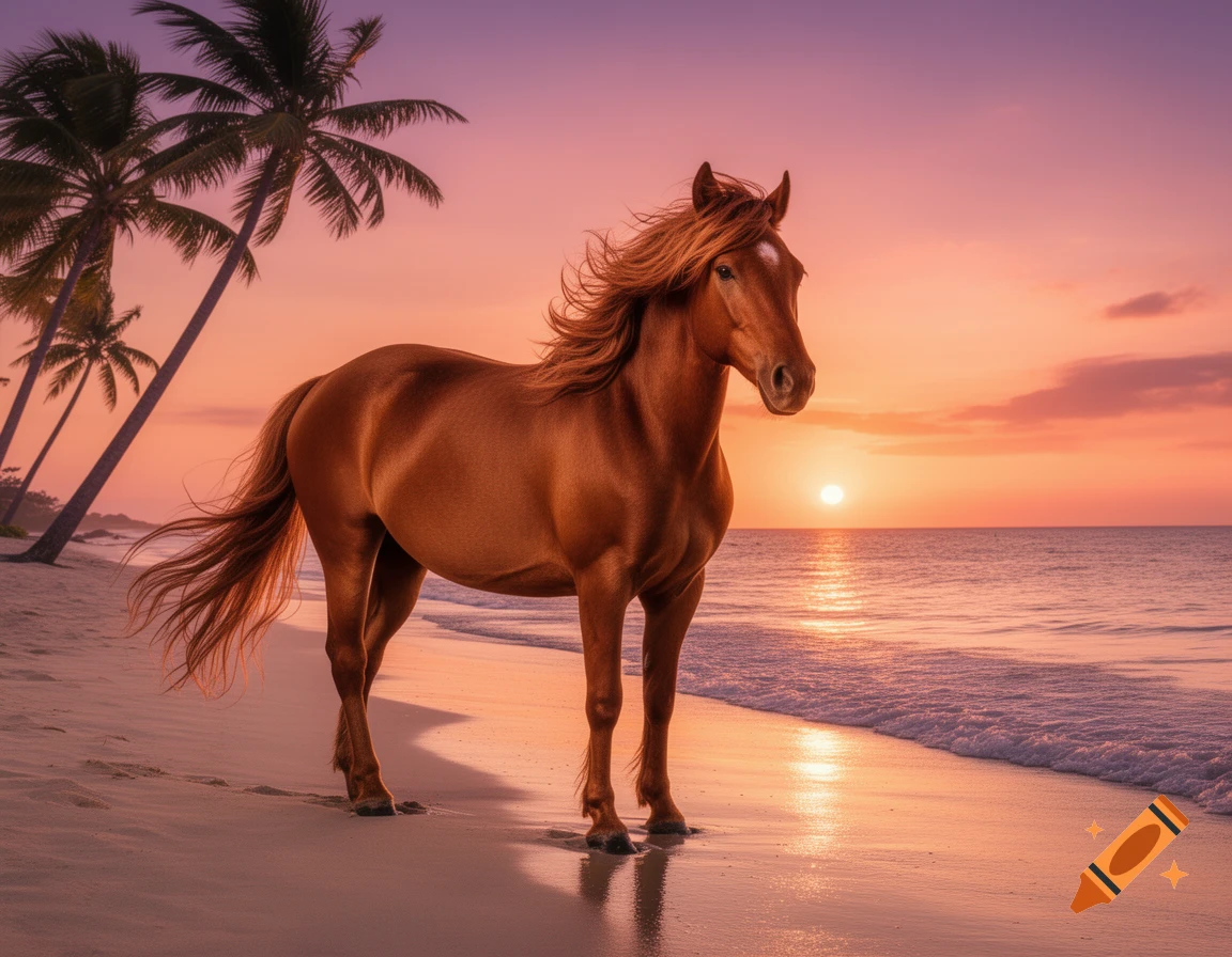 A brown horse stands on a sandy beach at sunset, with palm trees silhouetted against a vibrant orange and purple sky over the ocean.