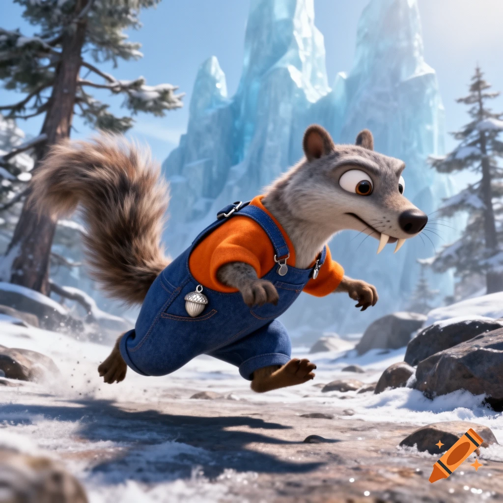 A cartoon squirrel, resembling Scrat, wears orange and blue overalls while running through a snowy landscape with ice formations.