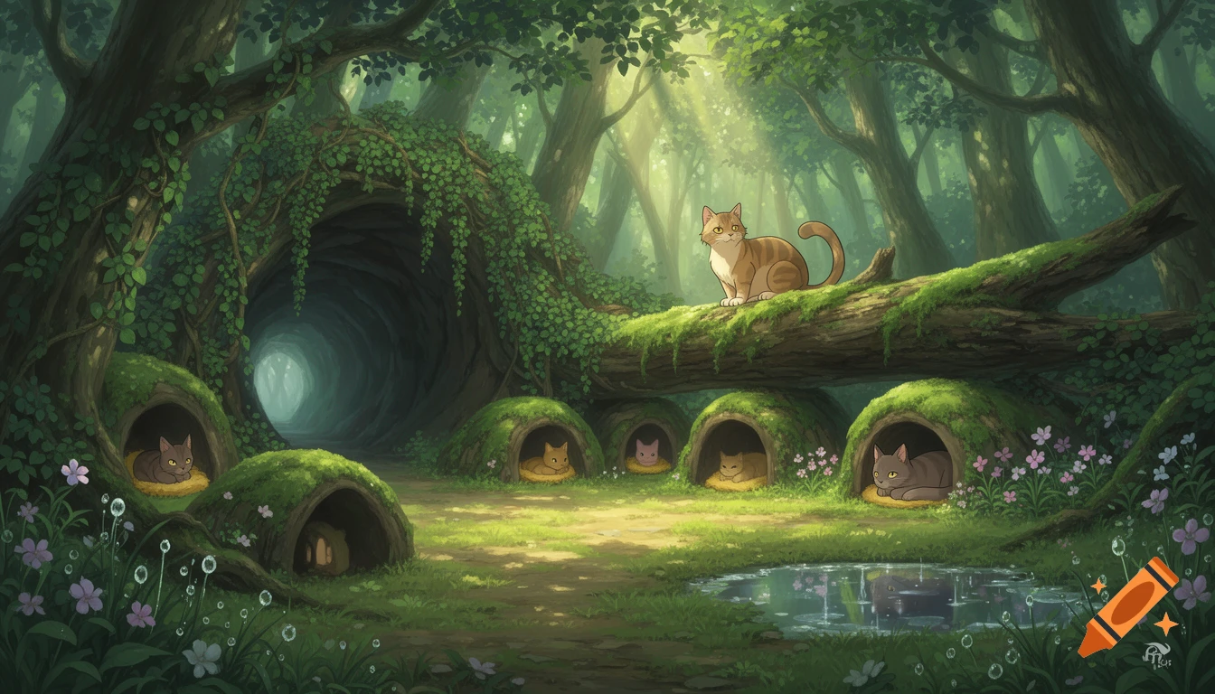 A striped cat on a mossy log overlooks a hidden forest clearing with small, moss-covered cat dens and a puddle, in a Ghibli-style digital painting.
