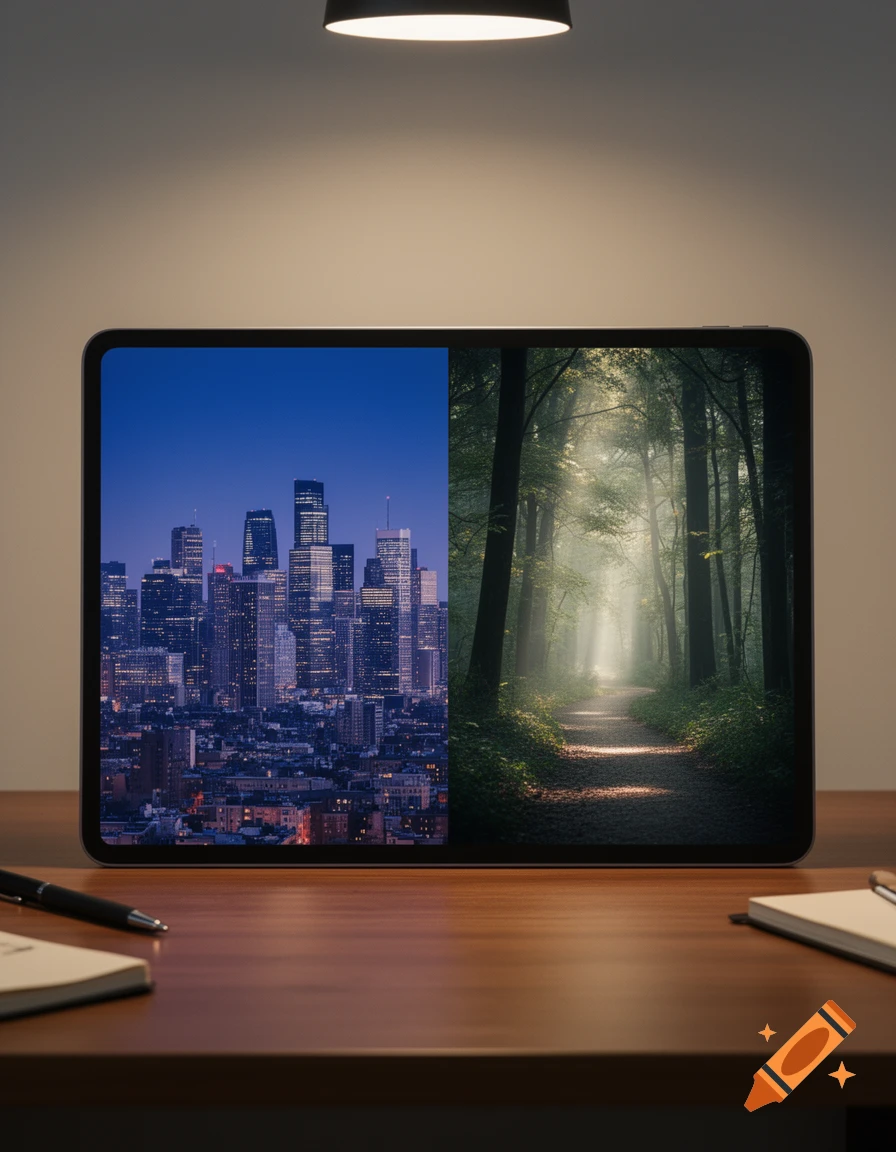Photorealistic tablet on a wooden desk displaying a split screen: a nighttime cityscape and a sunlit forest path. A pen and notebooks are nearby.