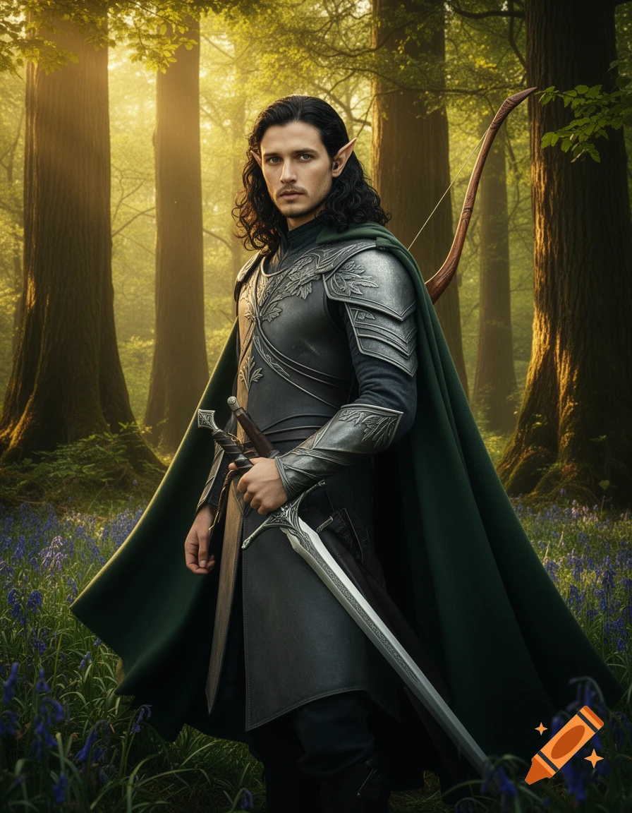 A photorealistic male elf with long dark hair and pointed ears, wearing a dark green cloak and silver armor, stands in a sunlit forest with blue flowers, holding a sword and carrying a bow.