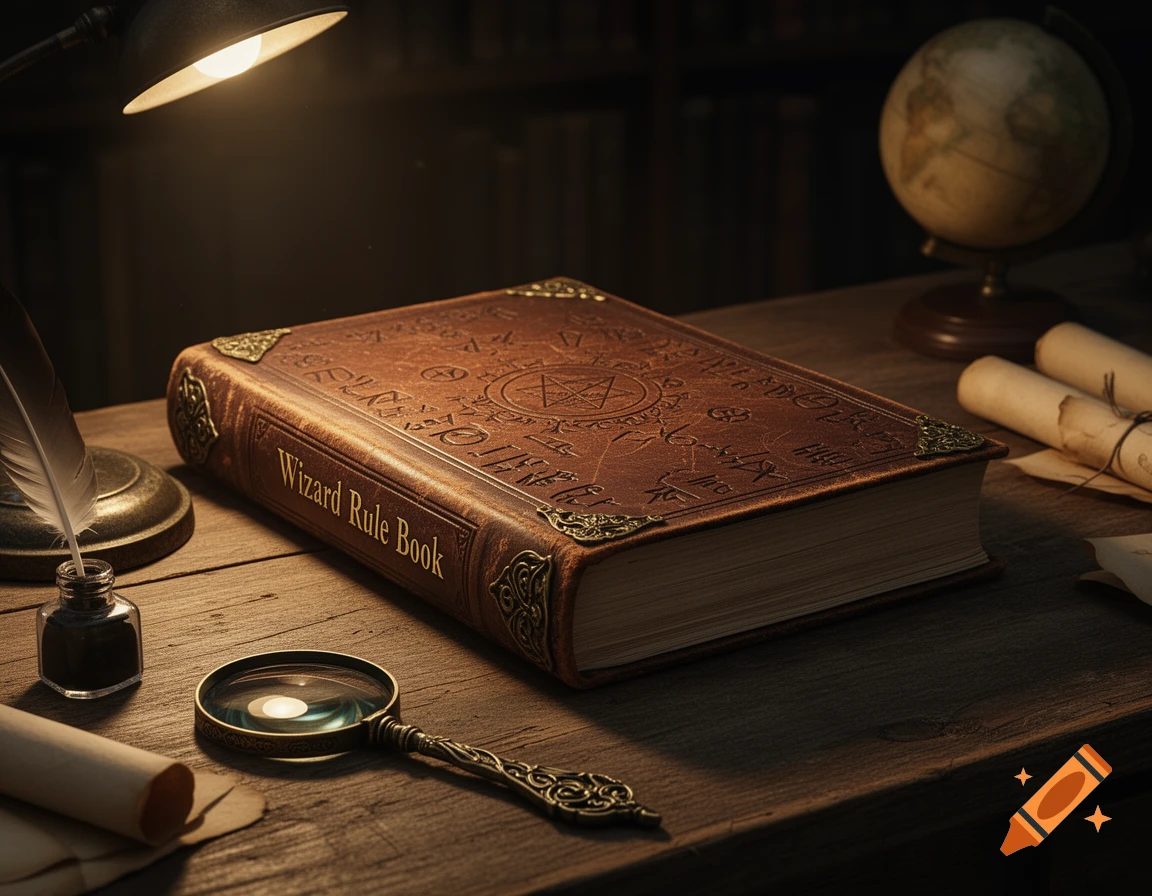 Photorealistic still life of an antique "Wizard Rule Book" on a dark wooden desk with a quill, ink, magnifying glass, and scrolls, lit by a desk lamp.
