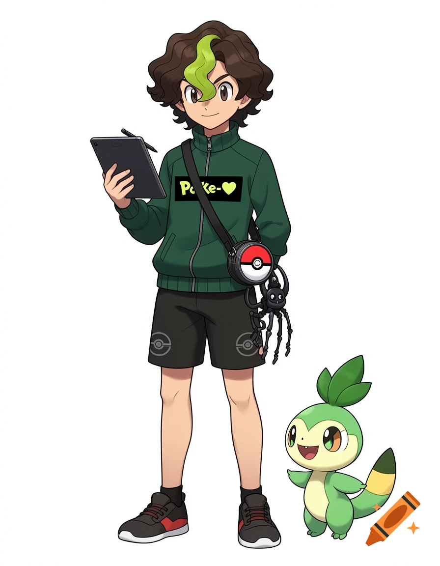 A Pokemon trainer with dark brown and green hair holds a digital tablet, standing next to a Sprigatito in Ken Sugimori's art style.