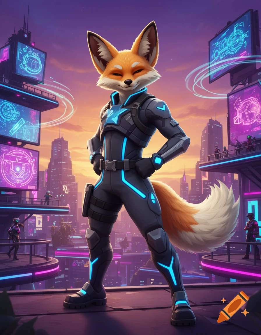 An anthropomorphic fox character in a futuristic black and blue suit stands confidently in a cyberpunk city at dusk.