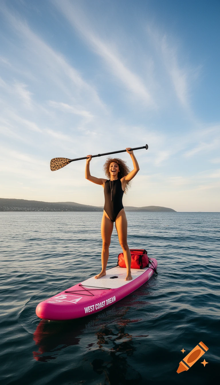A joyous young woman in a black swimsuit stands on a pink paddleboard, holding a paddle overhead on calm ocean water with a distant coastline.