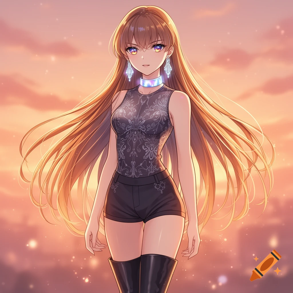 An anime girl with long brown hair, purple-yellow eyes, wearing a dark patterned tank top, black shorts, and boots, against a sunset sky.