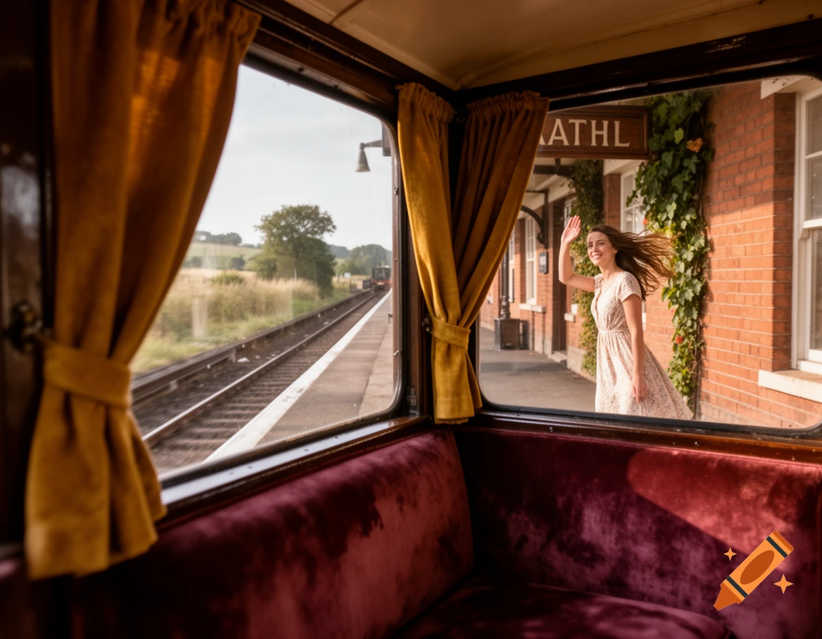 View from an old train window with velvet seats, showing a woman waving from a brick station platform as the train departs into a rural landscape.